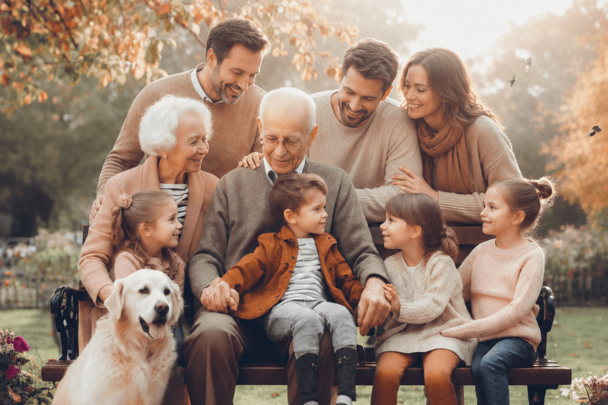 Tre generazioni di una famiglia insieme su una panchina nel parco, con il loro cane